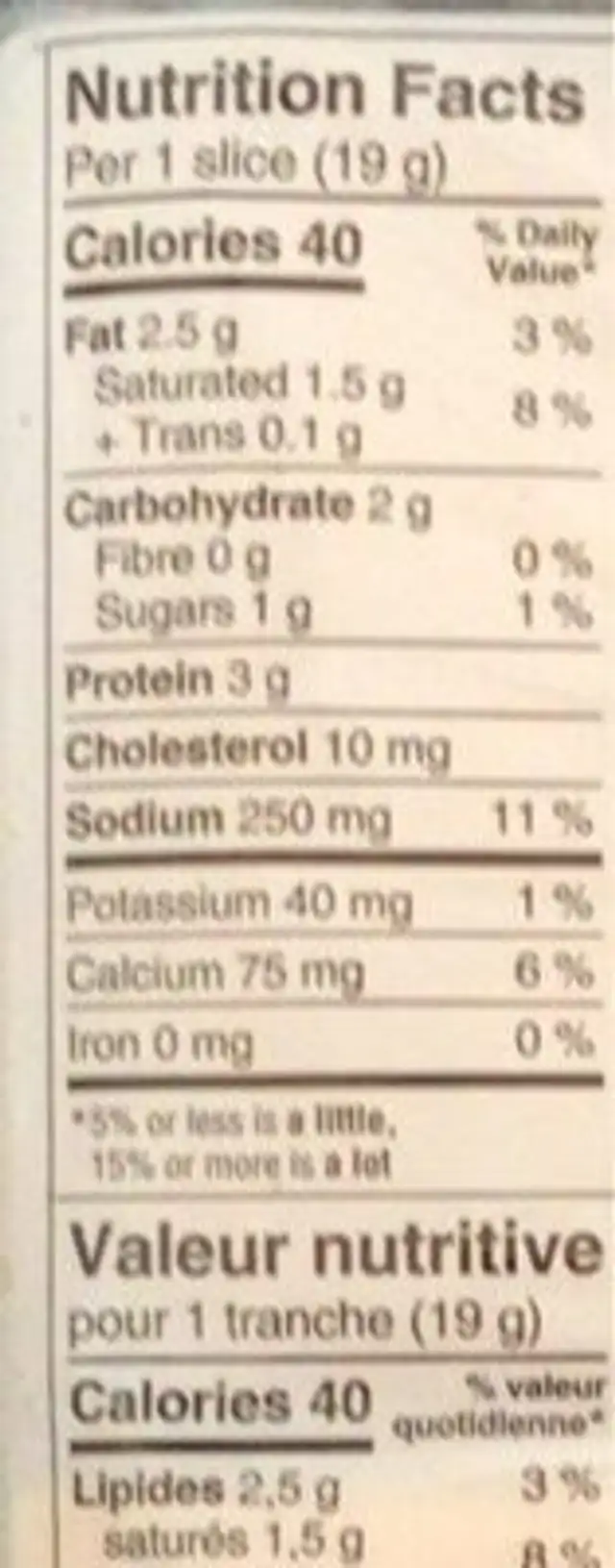 Style Cheddar nutrition facts table