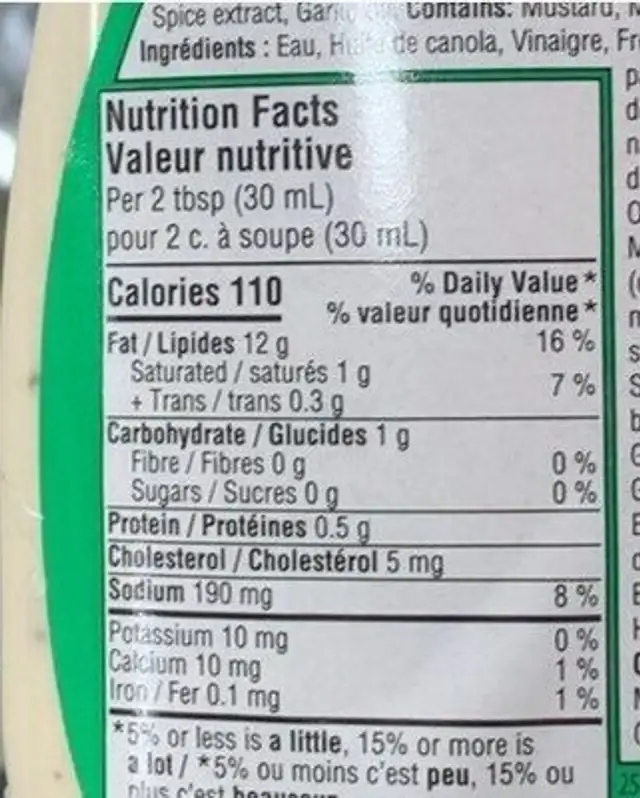 César nutrition facts table