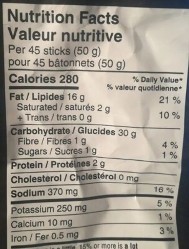 Bâtonnets aux légumes sel de mer nutrition facts table