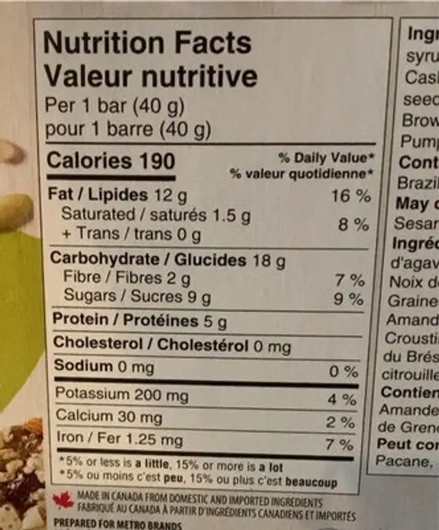 Noix melangees barres tendres nutrition facts table