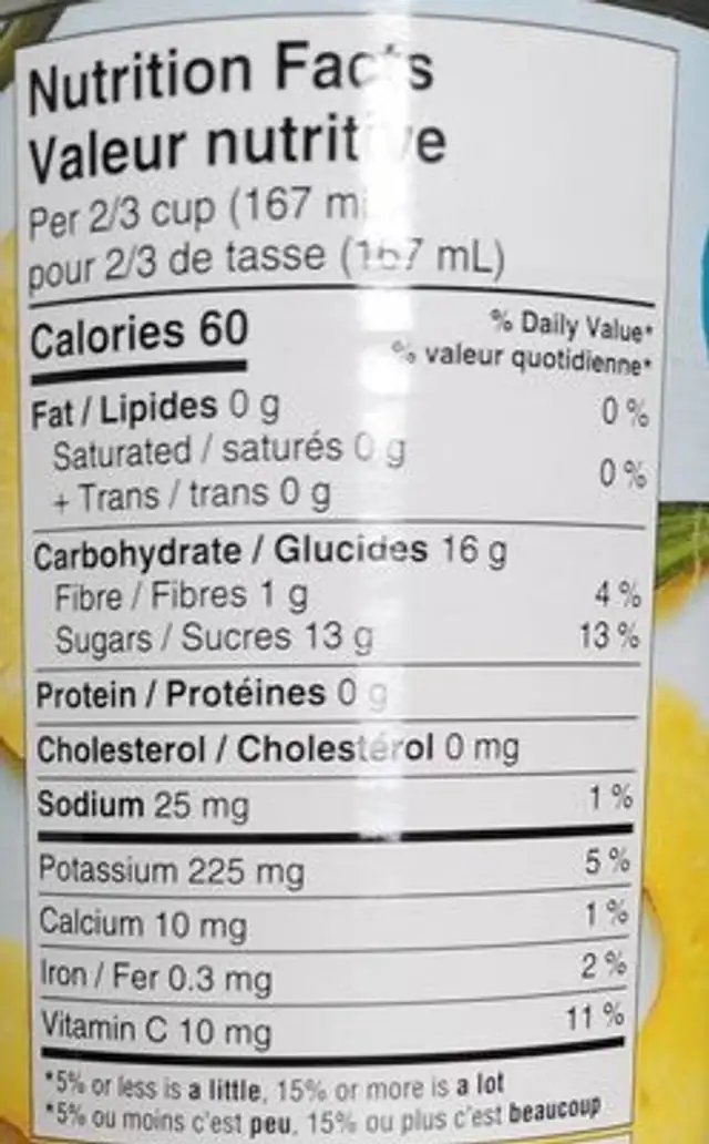 Ananas en tranches dans l'eau nutrition facts table