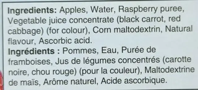 Collation pomme framboise ingredients label