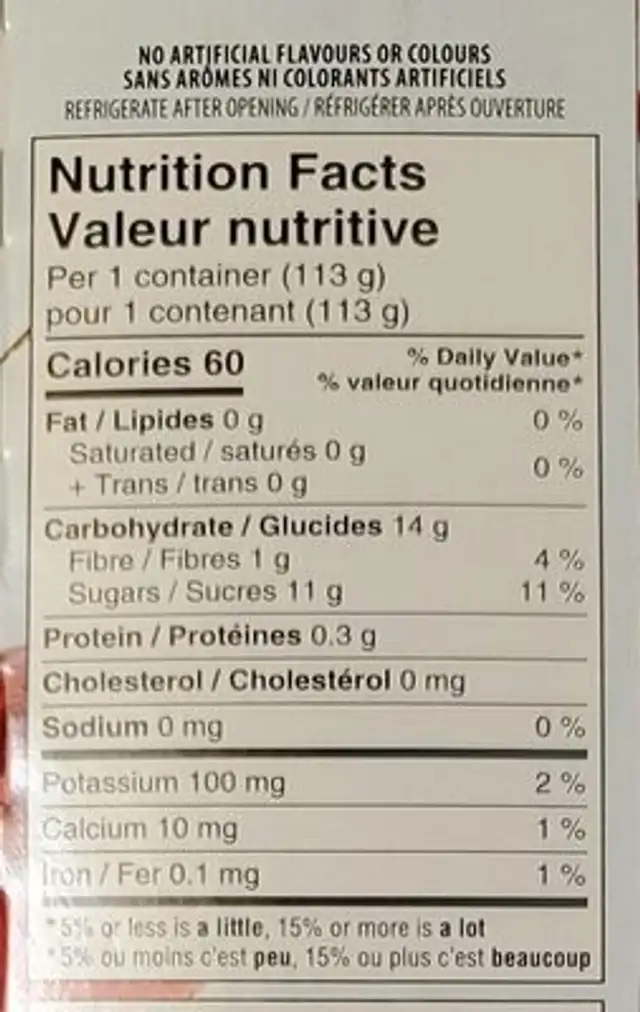 Collation aux fruits nutrition facts table