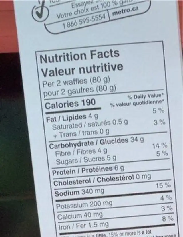 Whole Wheat Waffles nutrition facts table