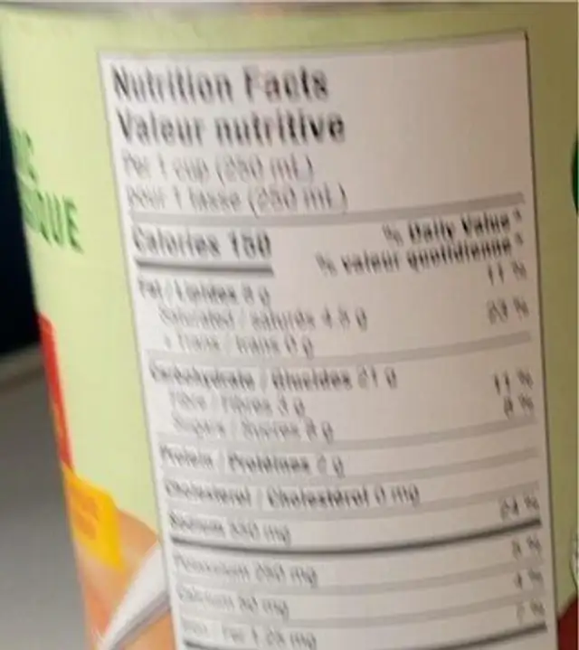 Soupe nutrition facts table