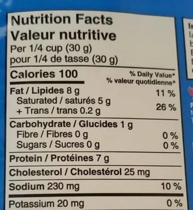 Mozzarella nutrition facts table