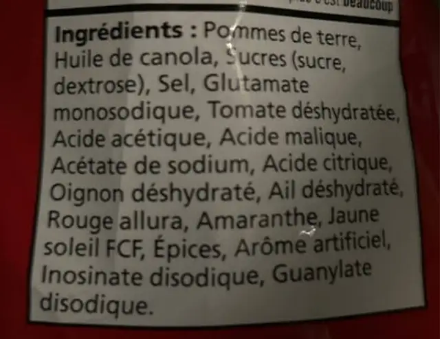 Ketchup chips ingredients label
