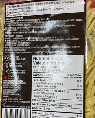 Linguine fraîche nutrition facts table