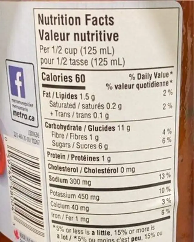 Tomato sauce nutrition facts table