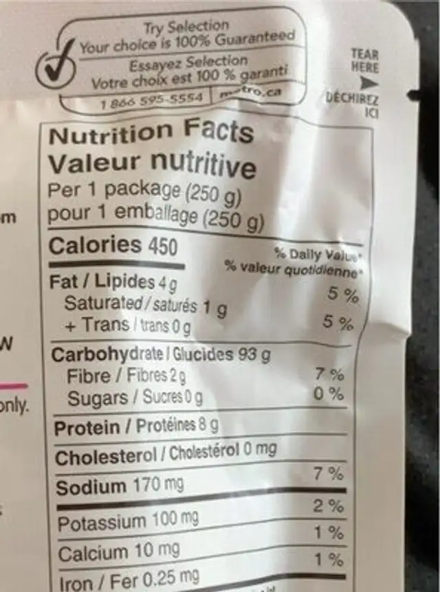 Riz de Jasmin nutrition facts table