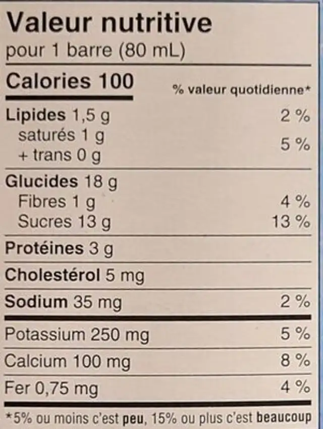 Barre laitier glacé fudge nutrition facts table