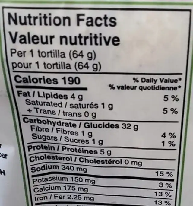 Basil garlic tortillas nutrition facts table