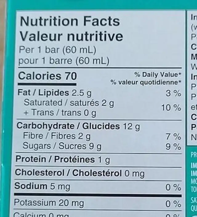Barre glacée café colombien nutrition facts table