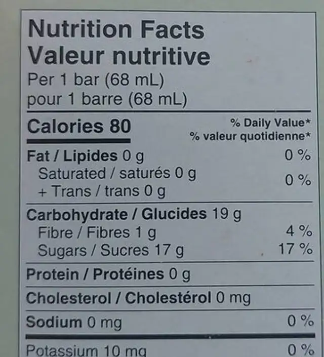 Organic Rasperry Frozen Sorbet Bars nutrition facts table