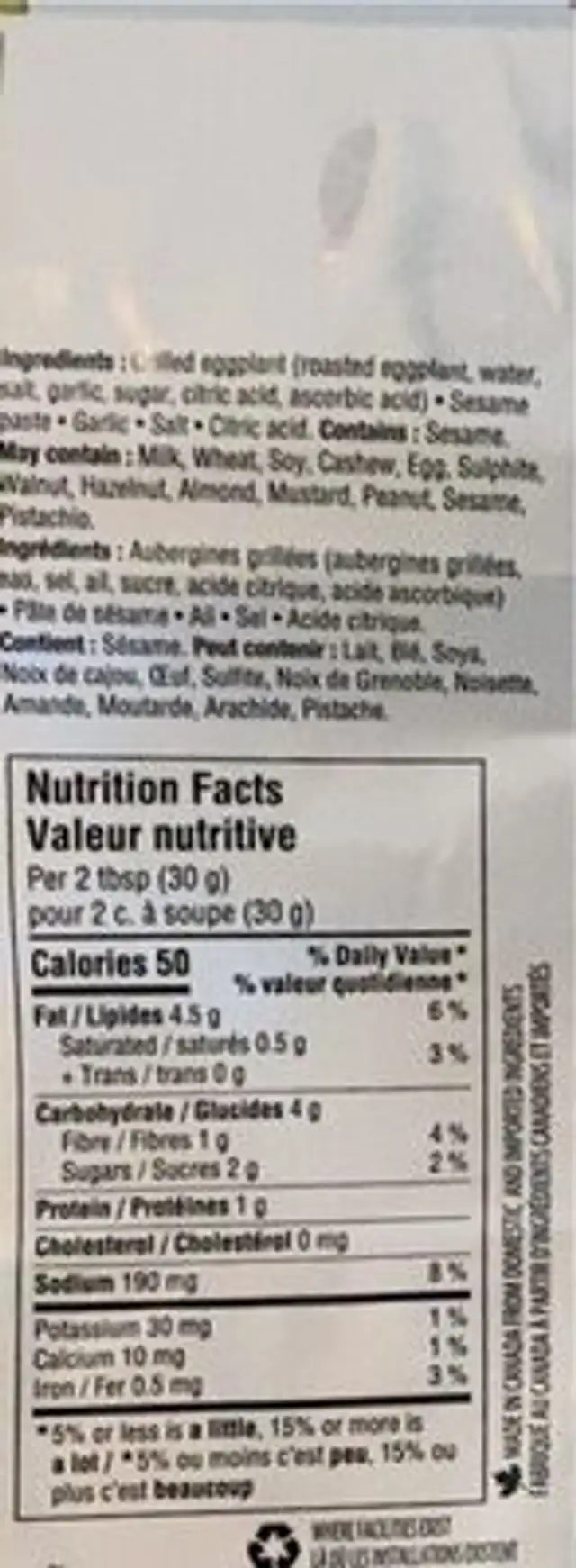 Baba ghannouj nutrition facts table