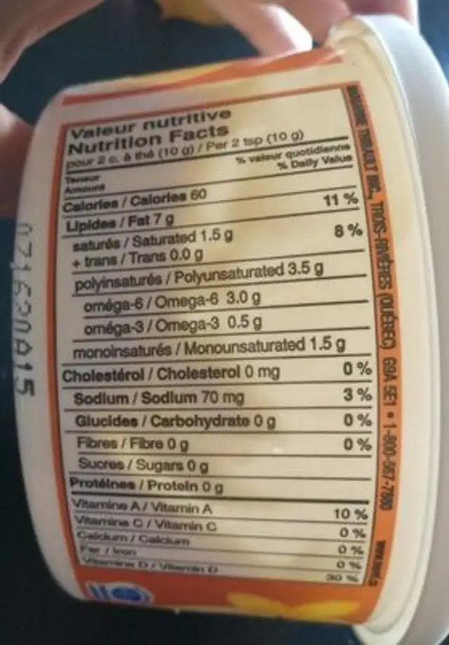 Tartinade Molle Non-hydrogénée nutrition facts table