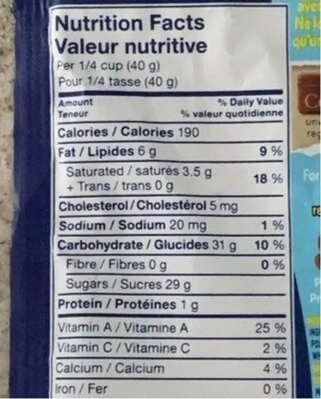 Nestl resealable nutrition facts table