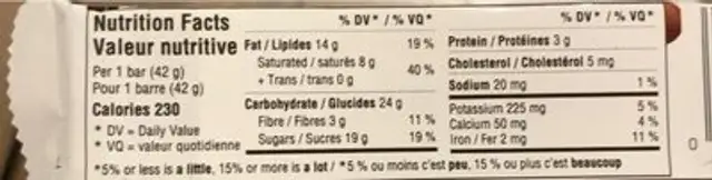 Barre Chocolat Aero (70% Cacao) nutrition facts table
