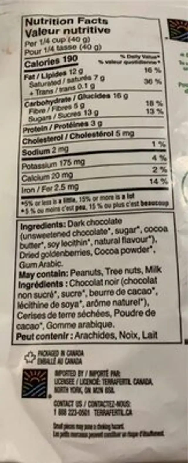 Cerises de terre enrobées de cacao nutrition facts table