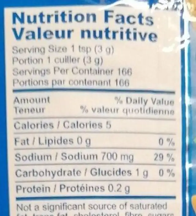 Vegeta nutrition facts table