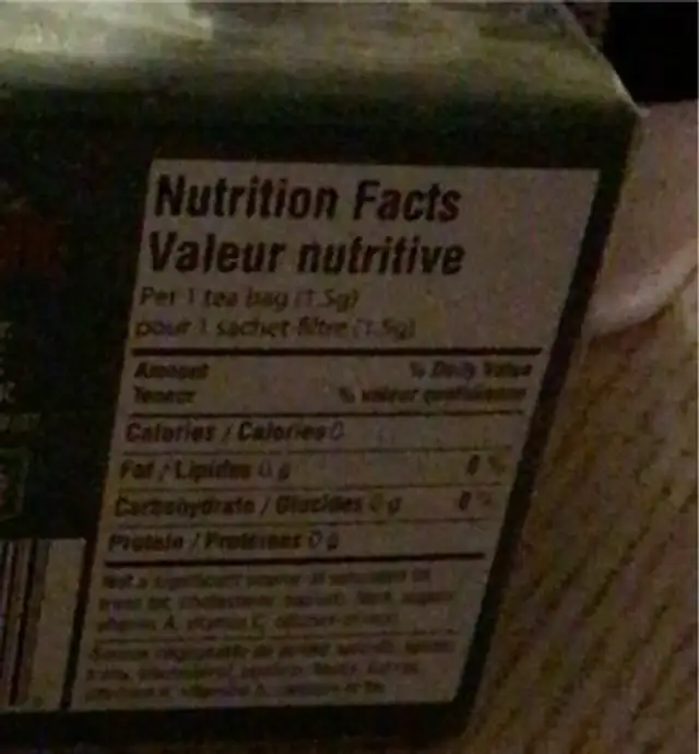Organic peppermint tea nutrition facts table