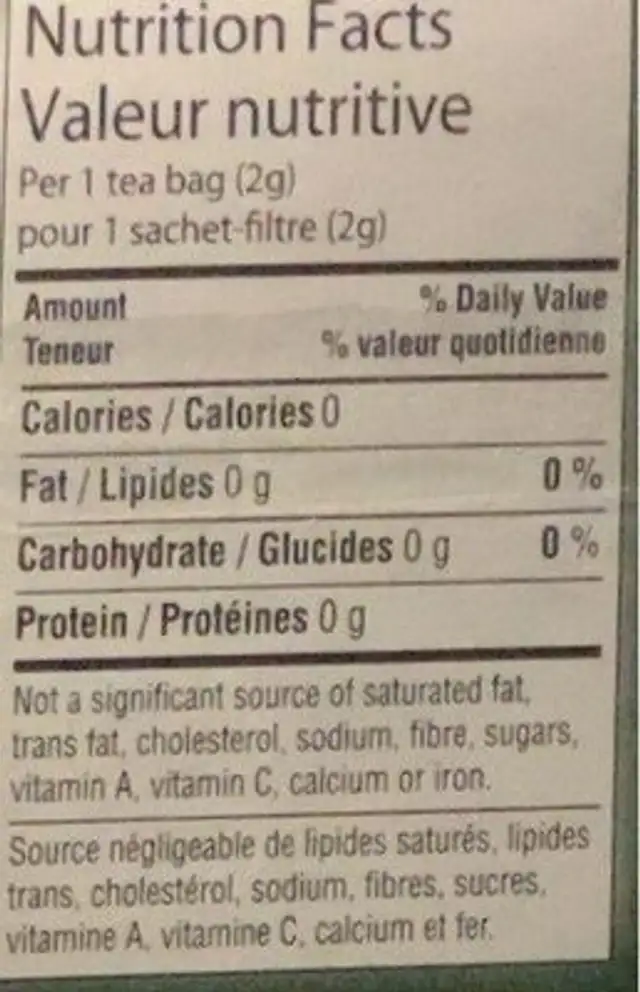 Organic green tea nutrition facts table