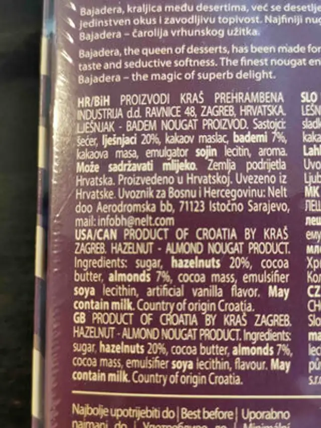 Bajadera ingredients label