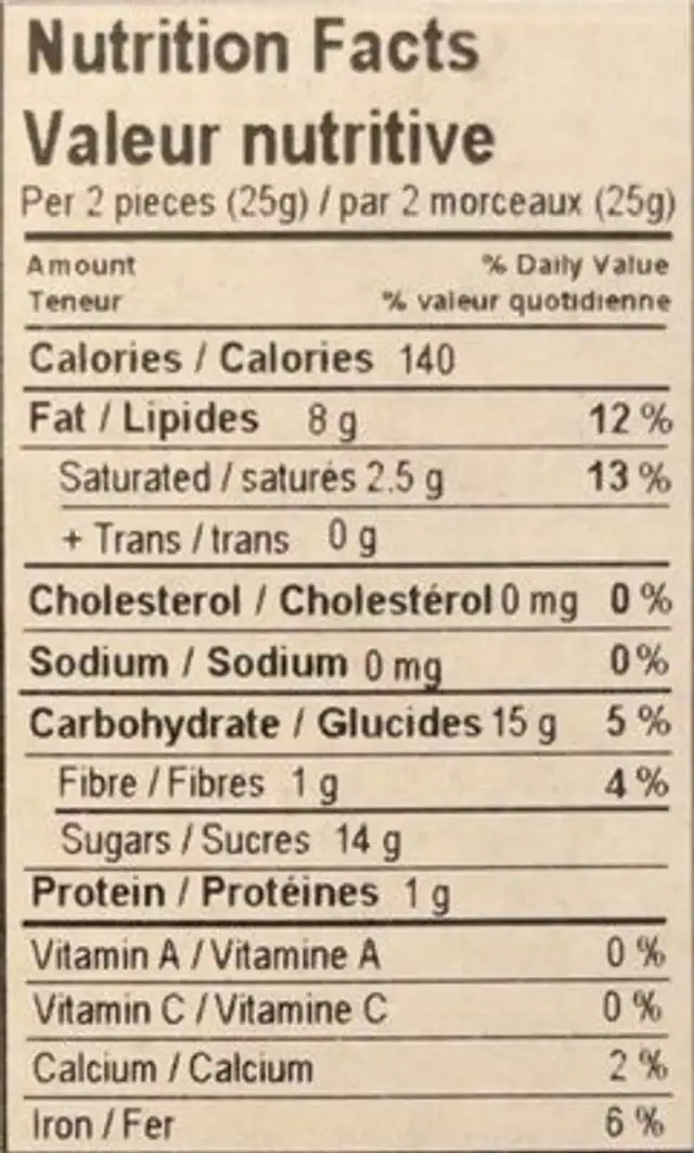 Bajadera nutrition facts table