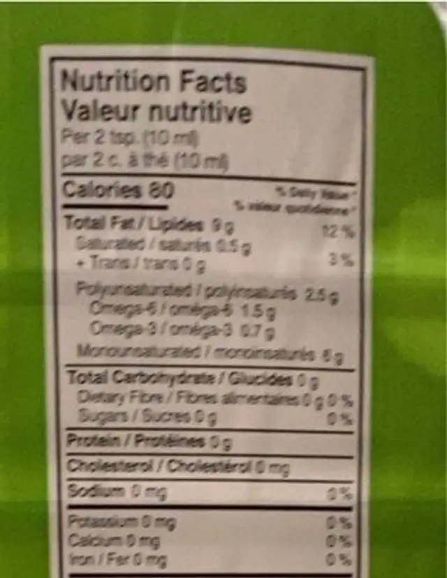 Canola oip nutrition facts table