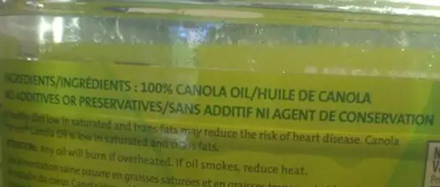 100% Pure Canola Oil ingredients label