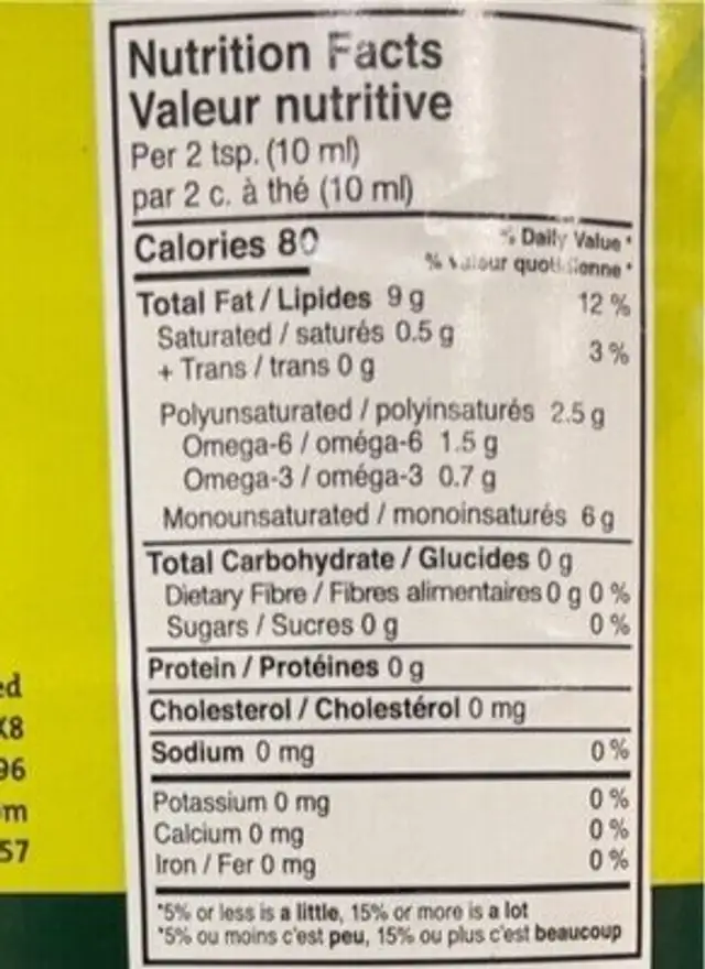 100% Pure Canola Oil nutrition facts table