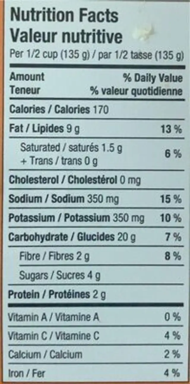 Potato Salad nutrition facts table