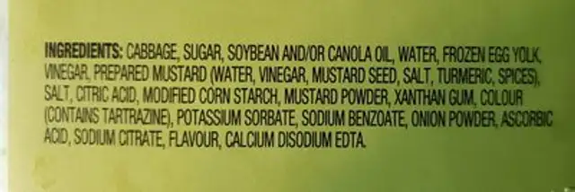 Dixie Coleslaw ingredients label