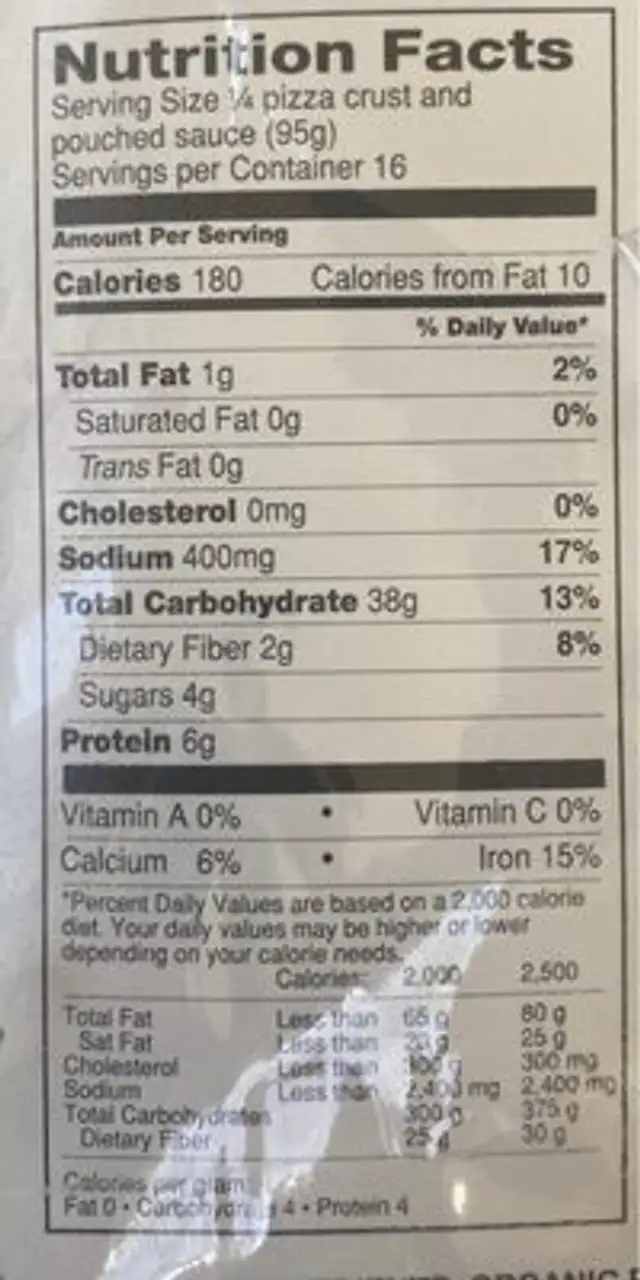 Pizza kit nutrition facts table