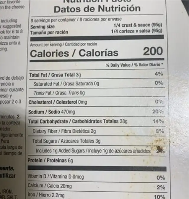 Pizza kit nutrition facts table
