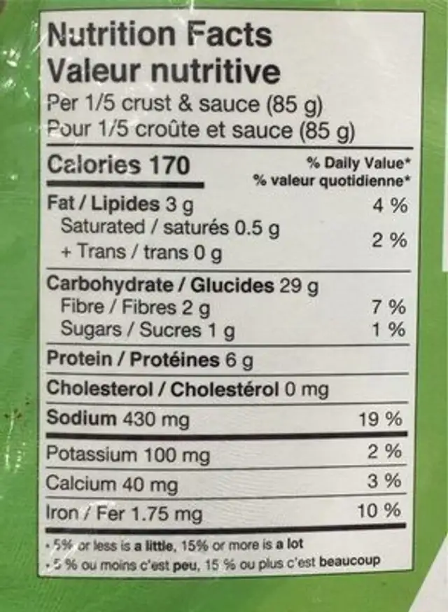 Neapolitan Pizza Kit nutrition facts table