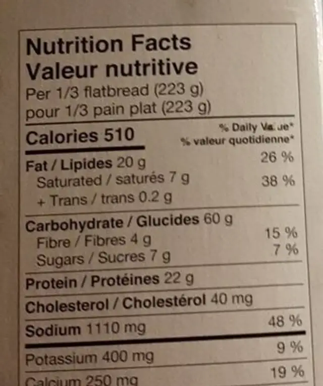 Italian Sauage Flatbread nutrition facts table