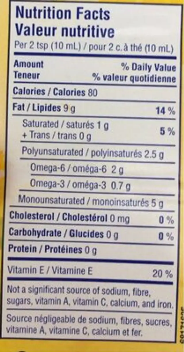 Huile De Tournesol et Canola nutrition facts table