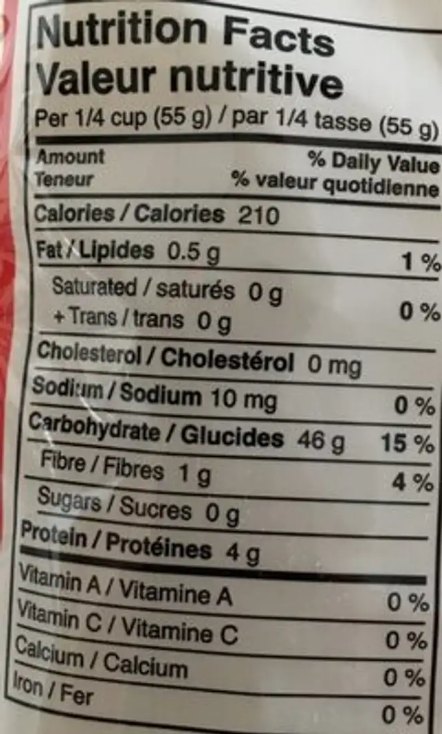 Nouille de riz blanc nutrition facts table