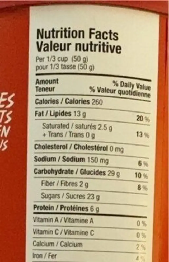 Big red nutrition facts table