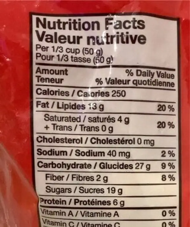 munchie mix nutrition facts table