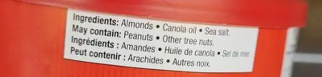 Almonds ingredients label