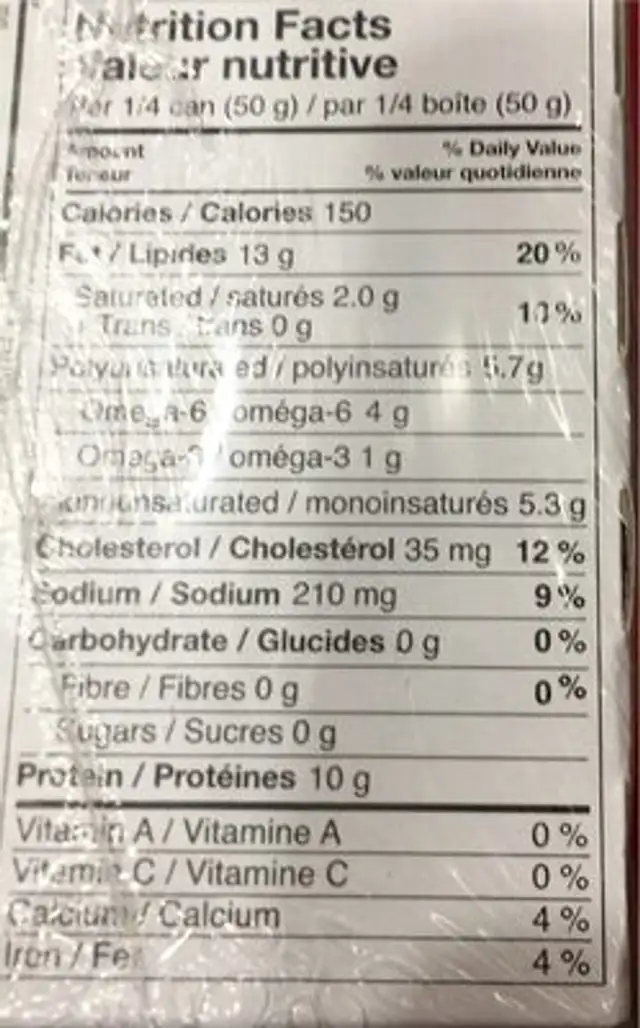 Filets de Sardines sans arêtes nutrition facts table