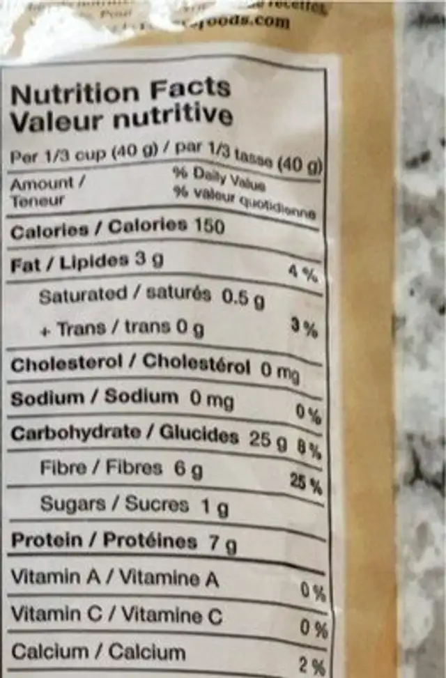 Oat brand nutrition facts table