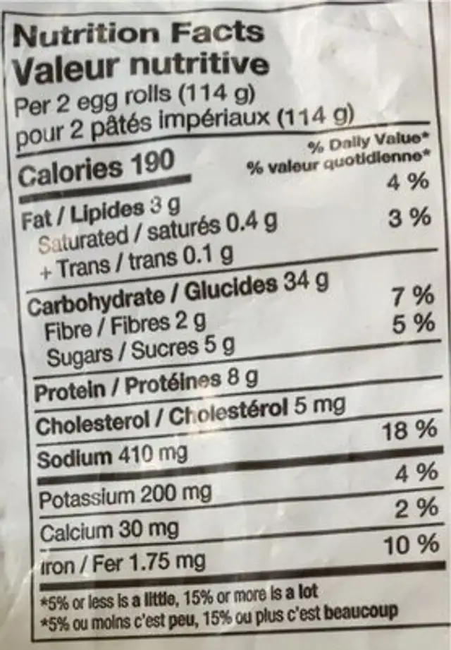 Egg Rolls, Chicken. nutrition facts table