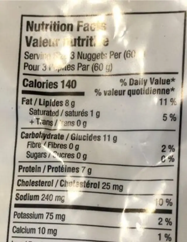 Breaded white meat chicken nuggets nutrition facts table