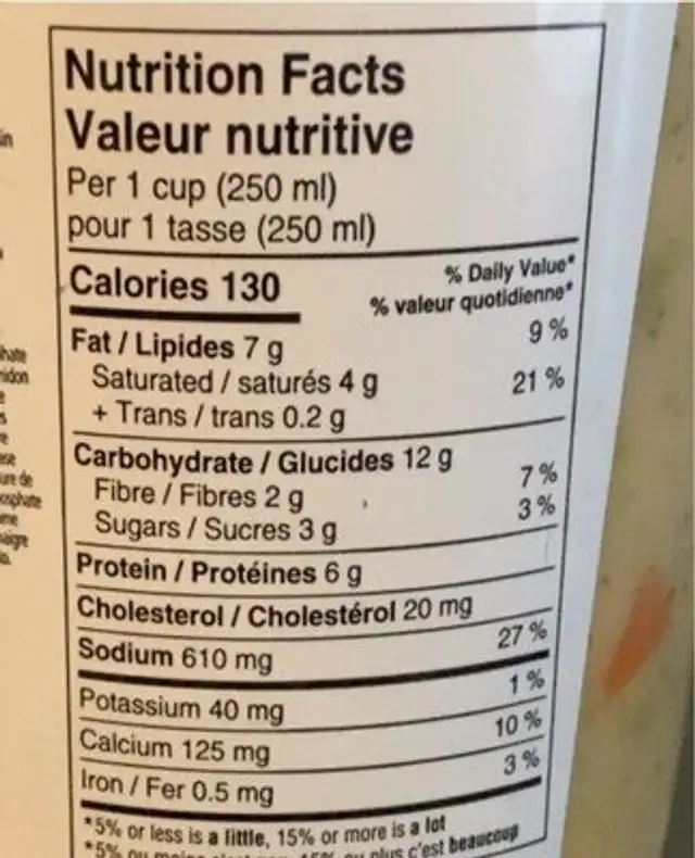 Soupe brocolo cheddar nutrition facts table