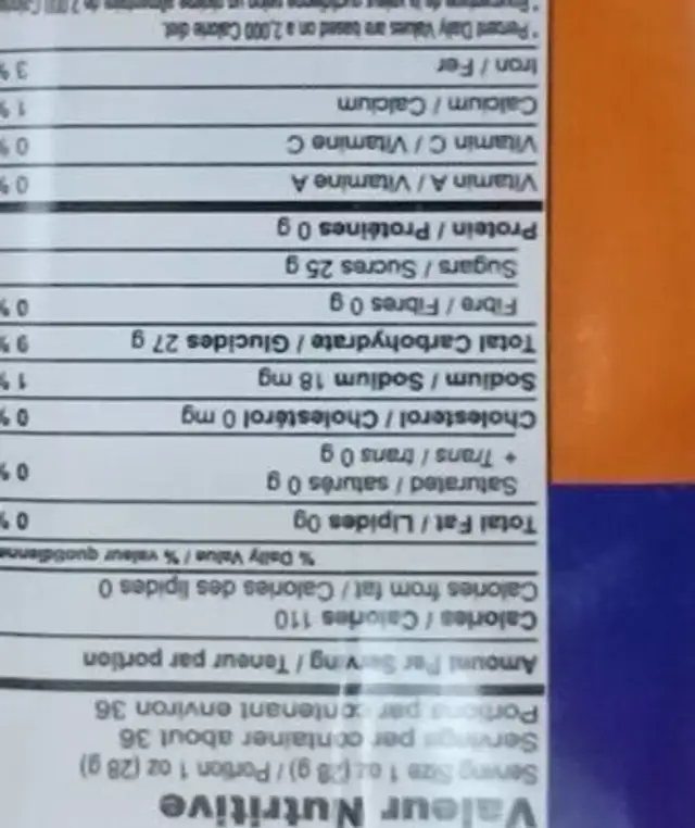 Pesi Gur nutrition facts table