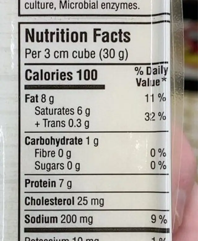 Mozzarella nutrition facts table