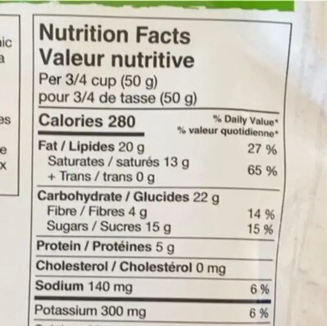 Almond, maple syrup & cashew nutrition facts table